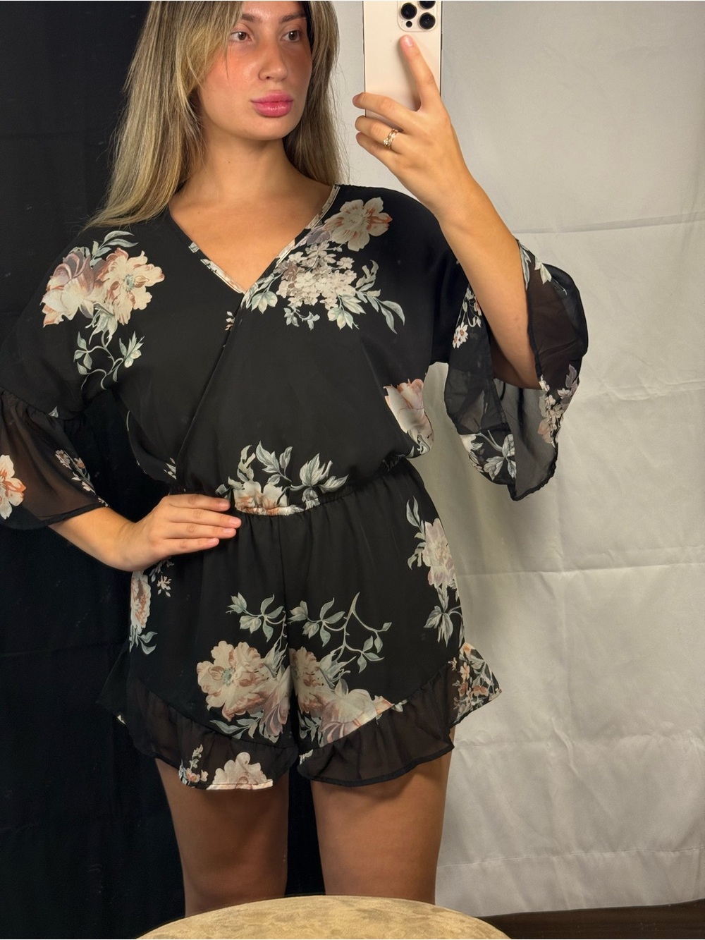 Rue21 Black Floral V-Neck Wrap Chemise